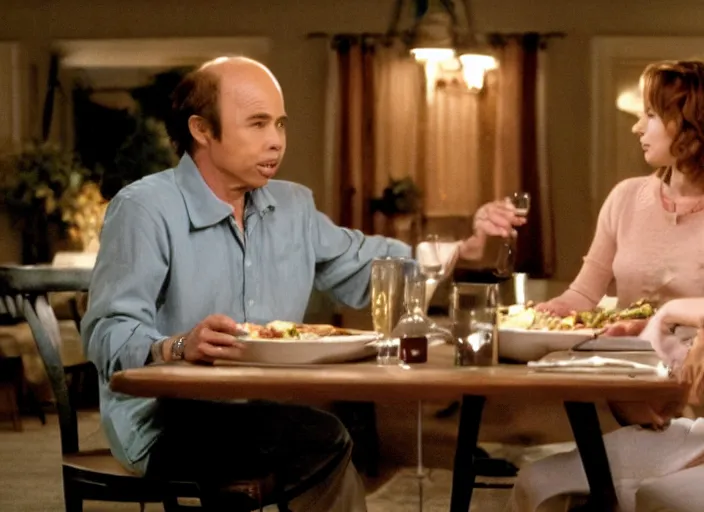 Prompt: film still of Clint Howard and Isla Fischer having dinner in the new You've Got Mail movie, 4k