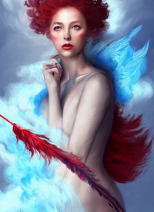 Image similar to a painting of a woman who made of curly and transparent feathers and cloud with red edges is holding a sword, a digital painting by charlie bowater, made of many translucent layers of blue feathers and cloud, metaphysical painting, speedpainting, digital painting, holographic undertones, highly saturated colors, 4 k, digital art, concept art, trending on artstation