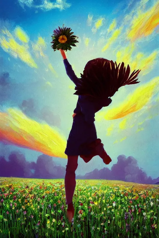 Image similar to closeup, giant flower head, girl in suit jumping in field of flowers, surreal photography, sunrise, blue sky, dramatic light, impressionist painting, digital painting, artstation, simon stalenhag