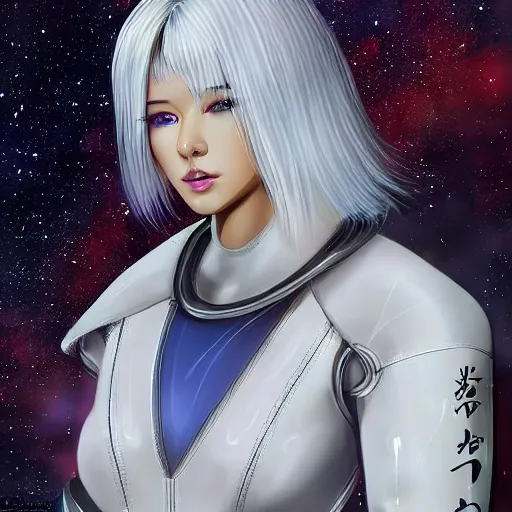 Image similar to beautiful white haired woman dressed in see through space suit in the style of zezhou chen highly detailed, smooth, sharp focus