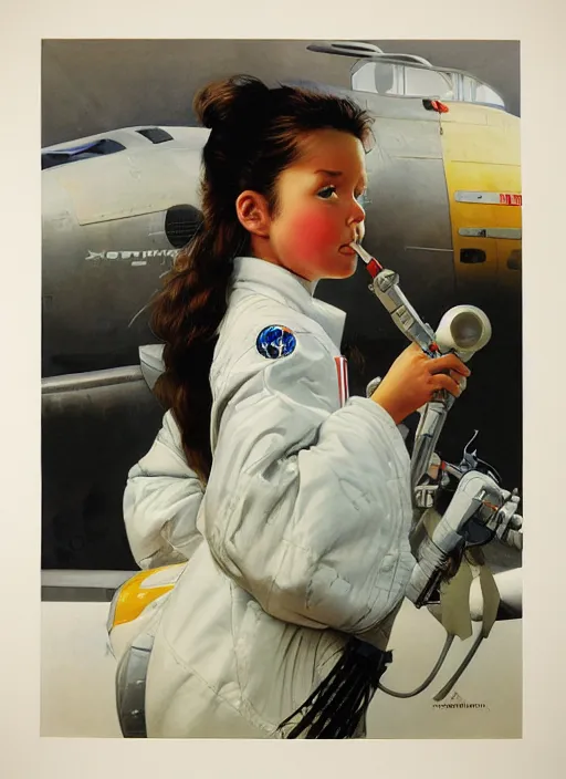 Prompt: a copic maker portrait of a futuristic girl wearing a pilot suit with a puffy kimono coat by john berkey norman rockwell