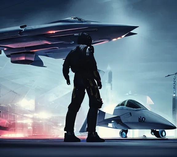 Image similar to fighter pilot stands beside futuristic sci fi fighter jet landed at runway of cyberpunk city ,dark cinematic lighting , digital concept art