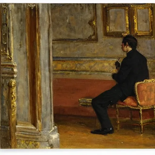 Image similar to a young man watching an actress on stage in an old theater, by alfred stevens