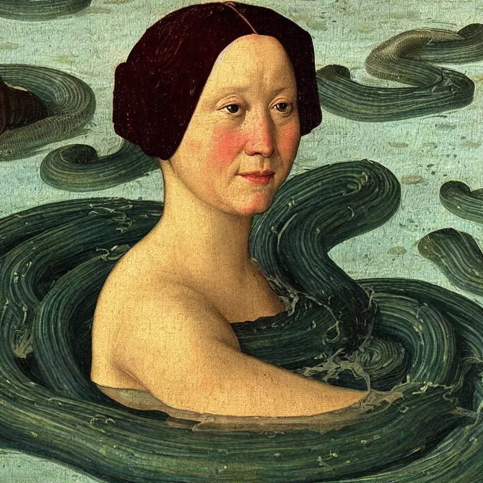 Image similar to a closeup portrait of a woman, swimming in a lake full of millions of eels and jellyfish, early netherlandish painting