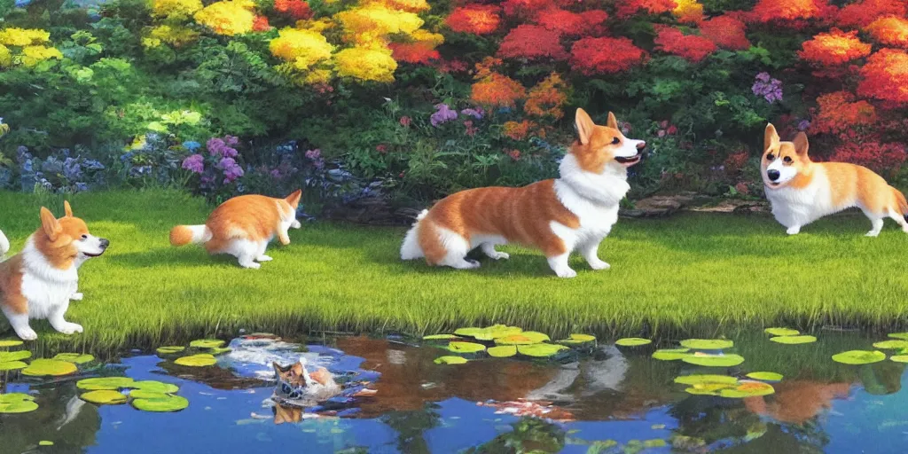 Image similar to A corgi in the pond, there is blue sky, there is water splash, there are kittens by the pond, the atmosphere is cheerful, the colors are bright, high picture quality, by Makoto Shinkai