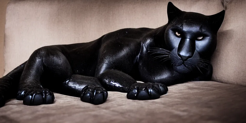 Image similar to the smooth black panther, made of smooth black goo, laying on the couch in the living room after bathing in the ferrofluid, viscous, sticky, full of tar, covered with black goo. photography, dslr, reflections, black goo