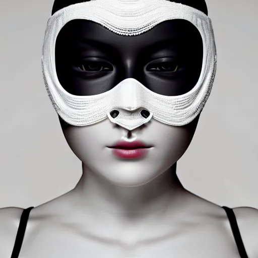 Image similar to ultra detailed woman wearing a white mask with black wires on her head, featured on behance, net art, made of wire, 5 0 mm lens, elegant, hyper realistic, ultra detailed, octane render, volumetric lighting, 8 k post - production