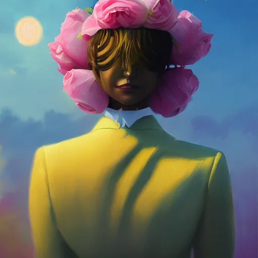 Prompt: closeup, huge rose flower as a head, frontal, a girl in a suit, surreal photography, sunrise, dramatic light, impressionist painting, digital painting, artstation, simon stalenhag