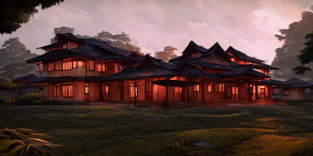 Prompt: twilight lighting, moody, atmospheric, solarpunk, old traditional filipino sleek modern mansion made of wood in a green garden, with a front porch, on the lonely hill by ghibli studio and victor ngai, ghost in the shell, akira, pixar highly detailed, 8 k h 5 7 6