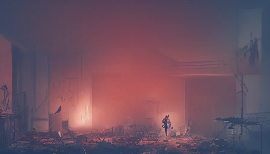 Image similar to man with flashlight exploring destroyed dusty apartment covered by vegetation, red smoke bomb, darkness, debris, cloudy night, hyperdetailed, artstation, cgsociety, 8 k