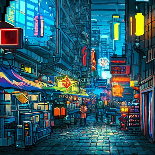 Image similar to fantastic lighting, pixel art, high detail , 16 bits, cyberpunk market, 2d