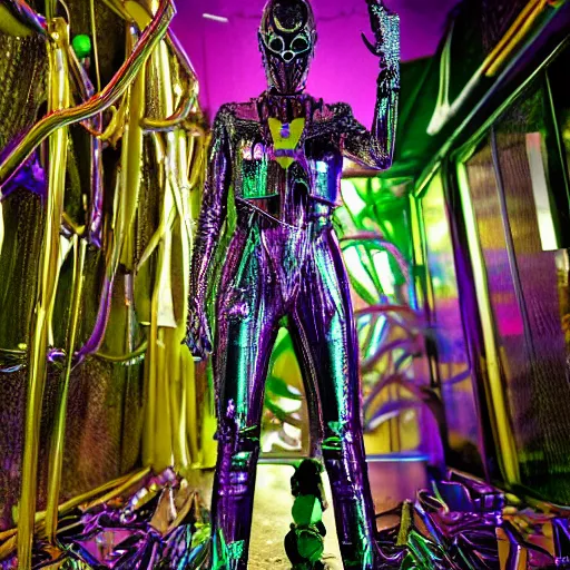 Image similar to hi - fructose mag photo, inside a futuristic detailed alien jungle made out of shiny reflective chrome, futuristic android with limbs made out of stretchy rubber tubing mixed with shiny colorful giant intricate detailed chrome gauntlets and chest piece and discoball mask, wearing a long purple velvet cape, fog and mist