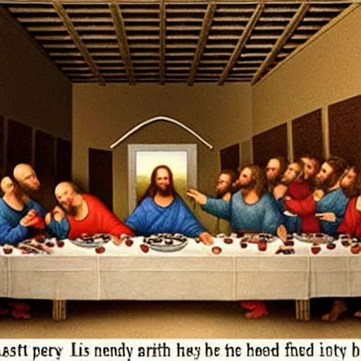 Prompt: the last supper, featuring Andy The Pieman Smith, who was eaten all the food and the other guests look horrified