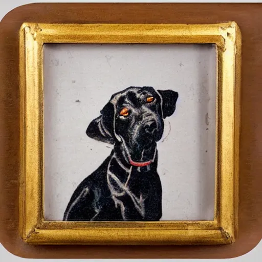 Image similar to painted wooden frame, elegant, 1 9 2 0 s, for a square picture of a happy dog 3 d render