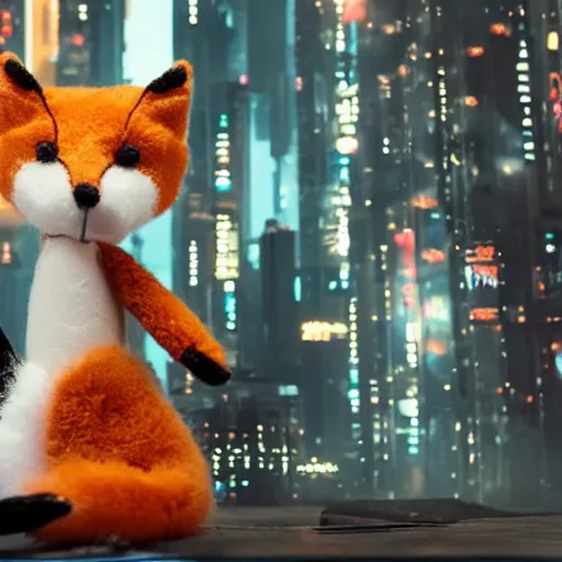 Prompt: a graceful long shot footage of a delicate toy fox wearing a fine cyberpunk dress