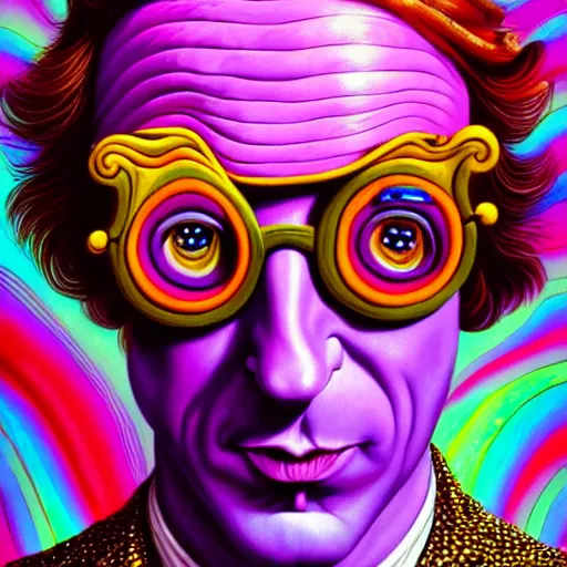 Prompt: An extremely psychedelic portrait of willy wonka, surreal, LSD, face, detailed, intricate, elegant, lithe, highly detailed, digital painting, artstation, concept art, smooth, sharp focus, illustration