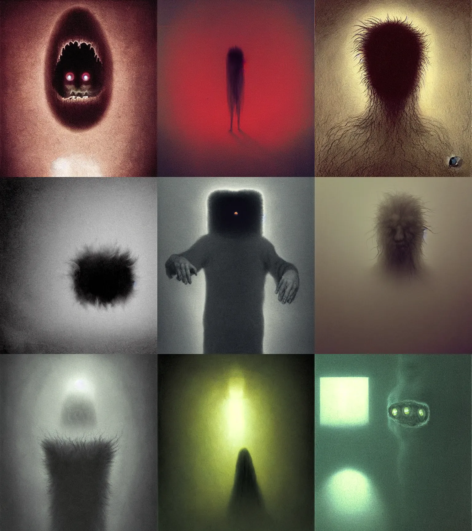Prompt: idiotic creature. faceless fluffy translucent spiritual shadowy entity guy face thing. big mouth yelling approaching eerie bad, selfie, zdislaw beksinski, glowing eyes