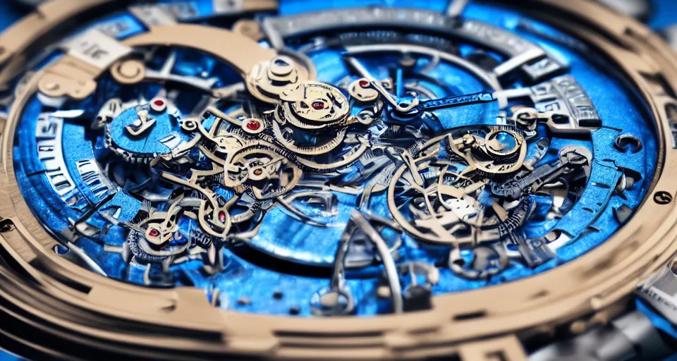 Prompt: complex 3 d render of a futuristic steampunk watch lying on a table, high detail, sharp focus, glowing blue interior components, intricate detail, depth of field, bokeh, cinematic lighting and composition, octane render, film grain, bulgari