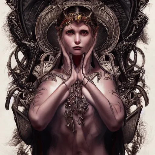 Prompt: death, fame of thrones, lord of daggers, neon, fibonacci, sweat drops, intricate fashion clothing, insane, intricate, highly detailed, surrealistic, digital painting, artstation, concept art, smooth, sharp focus, illustration, Unreal Engine 5, 8K, art by artgerm and greg rutkowski and alphonse mucha