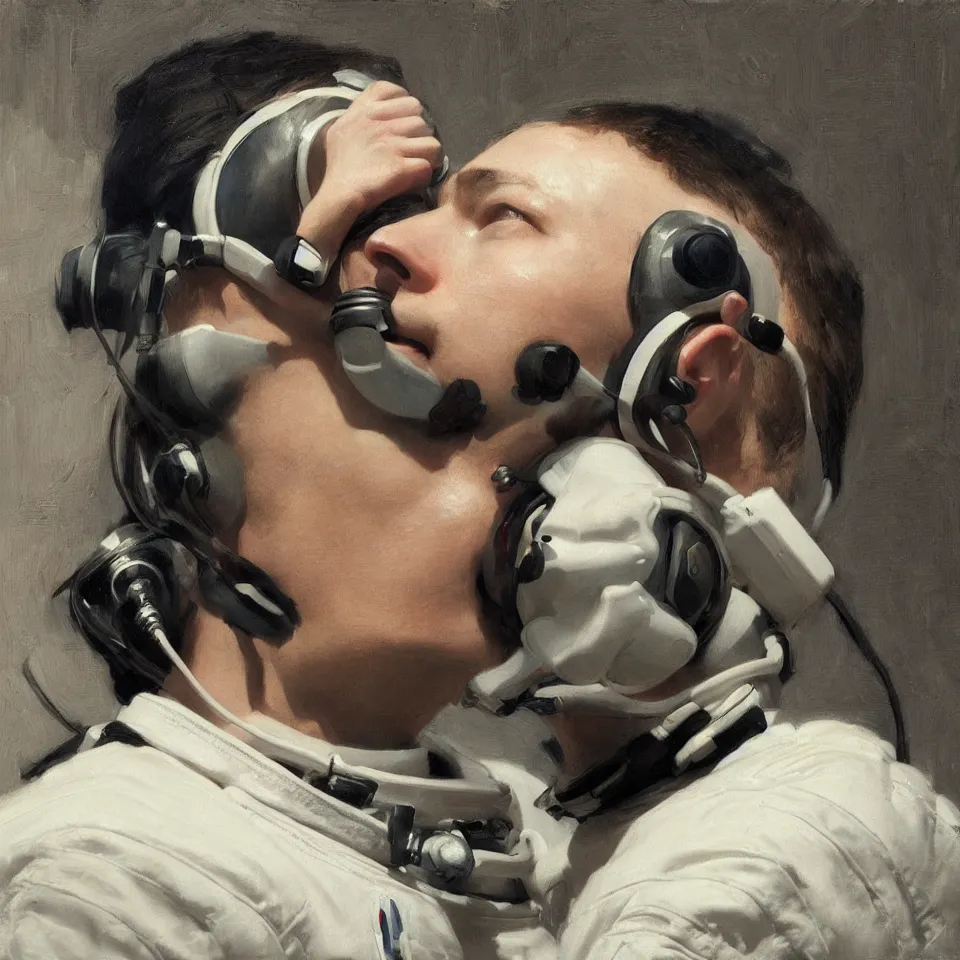 Prompt: astronaut wearing a headphone, beautiful, cinematic, art by jeremy lipking