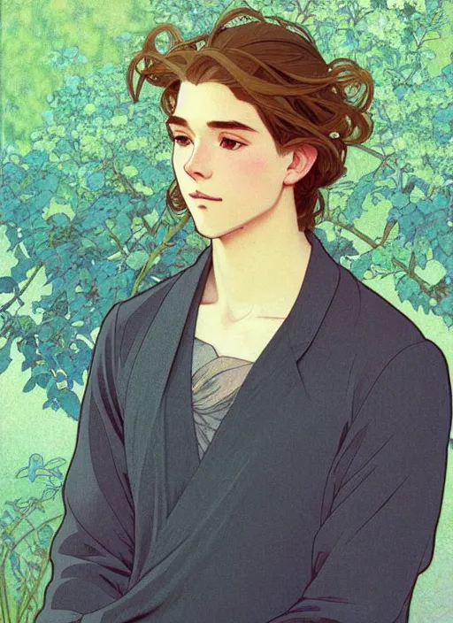 Prompt: pretty young man with shoulder length blond hair, male, half body shot, path traced, highly detailed, high quality, digital painting, by studio ghibli and alphonse mucha, leesha hannigan, hidari, art nouveau, chiho aoshima, jules bastien - lepage