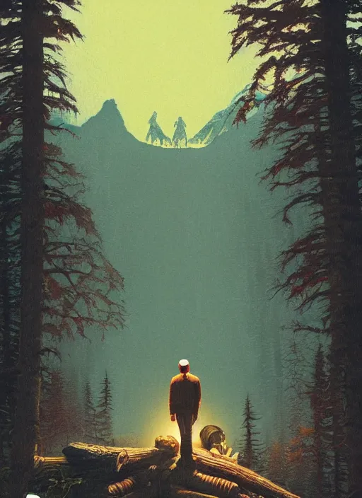 Prompt: Twin Peaks poster artwork by Michael Whelan and Tomer Hanuka, Rendering of Joe Rogan as lumberjack uncovering aliens in scene from Twin Peaks, full of details, by Makoto Shinkai and thomas kinkade, Matte painting, trending on artstation and unreal engine