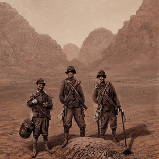 Image similar to ultra detailed photorealistic sepia - toned painting from 1 9 1 7, three british soldiers standing at an archaeological dig site in wadi rum, ultra realistic, painted, intricate details, lovecraft, atmospheric, dark, horror, brooding, highly detailed, by angus mcbride