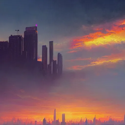 Prompt: a beautiful but apocalyptic sunset of kansas city, by greg rutkowski and noah bradley and ash thorp and moebius and stanislaw szukalski