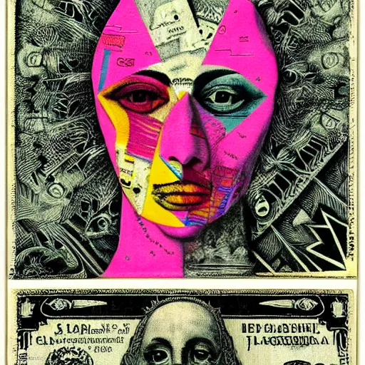 Prompt: post - punk new age album cover, asymmetrical design, frame of a dollar bank notes, abstract collage, capitalism, magic, apocalypse, psychedelic, black white pink, magic, giger h. r., giuseppe arcimboldo