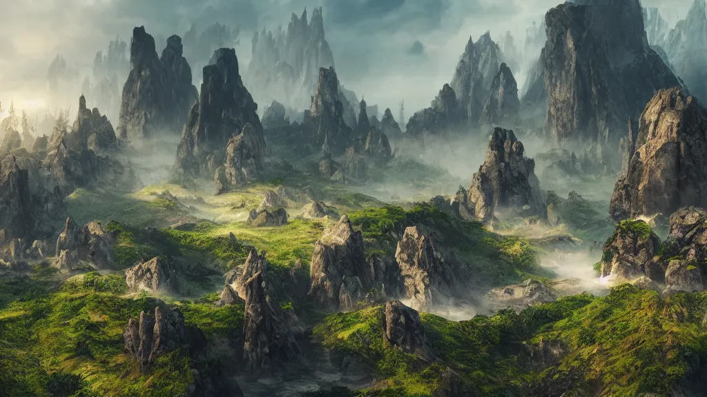 Image similar to epic landscape with large mountains and pillars of rock emerging from the ground, cinematic, light mist, volumetric lighting, hyperrealistic, detailed, arial view, fantastical 4 k hd