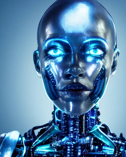 Prompt: photo of sweaty soulful female as a cyberpunk mecha humanoid robotic head and face parts with fluorescent lamps surrounding face, sweaty skin dripping down face, ultra - realistic and detailed, long exposure 8 k