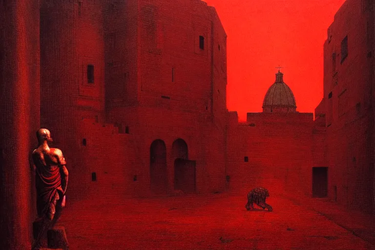 Image similar to only with red, caesar after war, a red tiger, in hoc signo vinces, rome in background, an ancient path, in the style of beksinski, part by hopper, part by rodcenko, part by hofbauer, intricate composition, red by caravaggio, insanely quality, highly detailed, masterpiece, red light, artstation