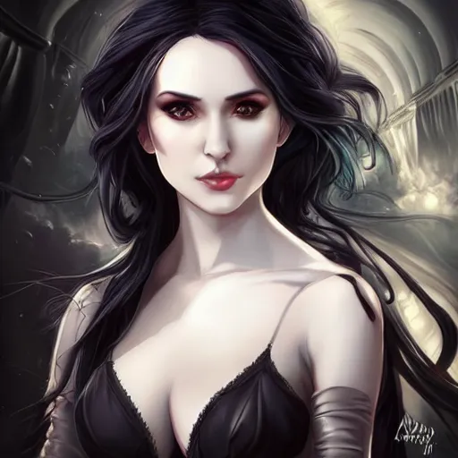 Image similar to yennefer, beautiful face, rule of thirds, intricate outfit, by artgerm