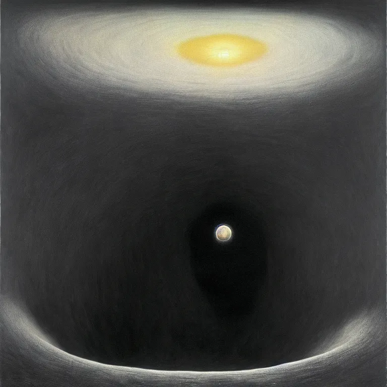 Prompt: a man looks into his own painting and sees a black hole, by zdzisław beksinski and salvador dali, surreal, oil on canvas, hyper detailed