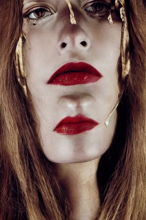 Image similar to margiela campaign featuring the violator as a female cowgirl, long eyeslashes, big juicy lips, big seductive eyes