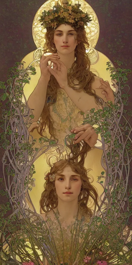 Image similar to a portrait of a beautiful female godess of spring, by Mohrbacher and Moebius and Alphonse Mucha and Roger Deakins, cinematic lighting, masterpiece, highly detailed, 8k resolution, trending on art station