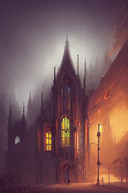 Prompt: illustration of close street view of gothic pipe organ, night, smoke, ground fog, by peter mohrbacher, by alex andreev, by jacek yerka, by alan lee, large depth of field, super detailed, digital art, trending on artstation, ornate