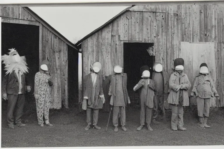Image similar to vintage photo of villagers wearing weird masks outside a barn by hilla becher, eerie, bizarre, highly detailed shot, dramatic 8 k uhd