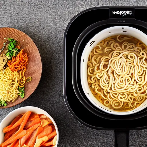 Prompt: Cooking ramen noodle soup in an airfryer, photo, kitchen interior background