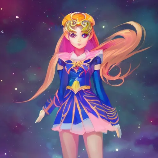 Image similar to a high fantasy portrait of a celestial magical girl, sailor moon, star guardians very beautiful, very attractive, trending on artstation, cool color scheme, unreal engine, semi - realism, deviant art