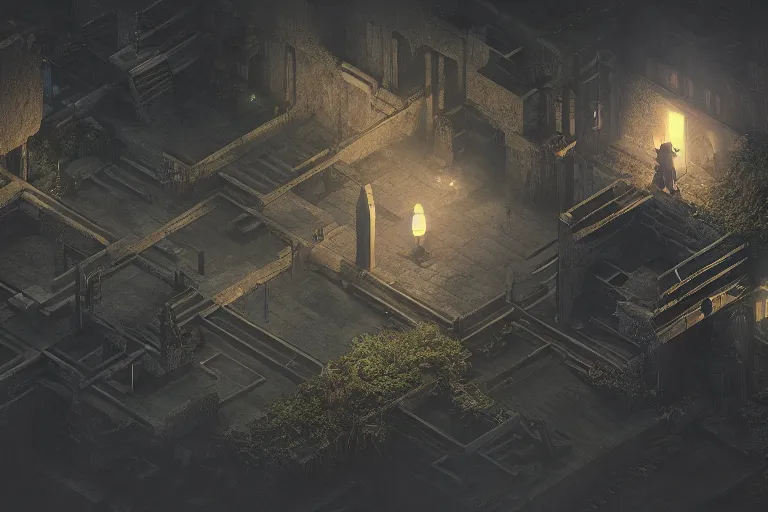 Image similar to Isometric dark moonlit RPG level, 3d render, octane render, by Greg Rutkowski