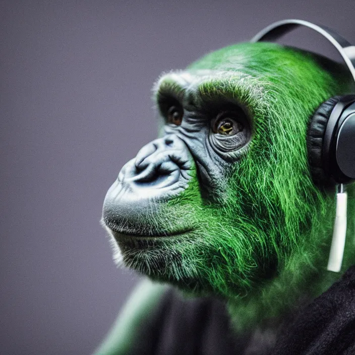 Image similar to a high quality photo of a green chimp wearing headphones, realism, 8k