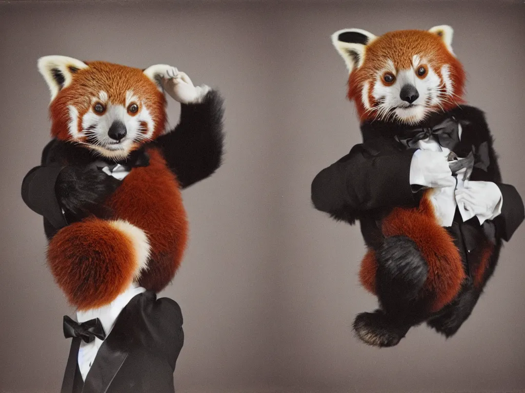 Prompt: Portrait of a Red Panda Wearing a Fancy Business Tuxedo, Expired Burned Polaroid from 1930s, Softbox Lighting, 85mm Lens F/1.8