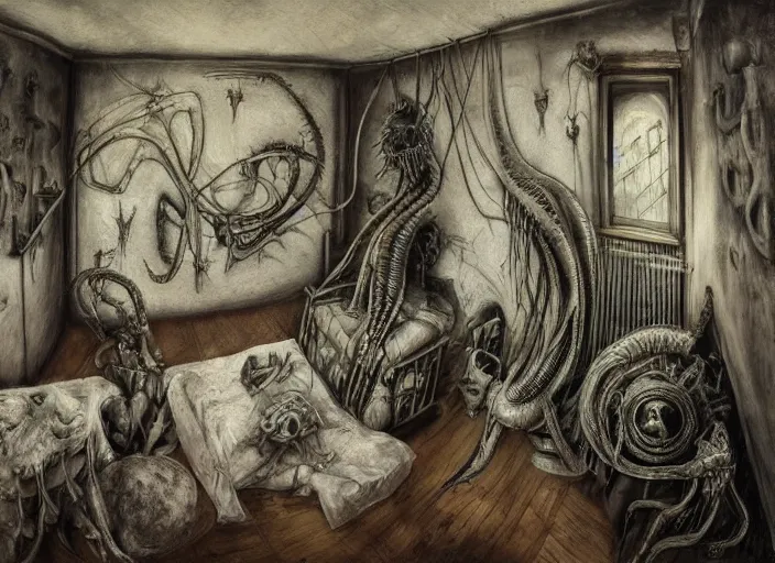 Image similar to a childhood bedroom by adonna khare, and h. r. giger, liminal aesthetic, dreamcore, weirdcore, clean lines, wide angle