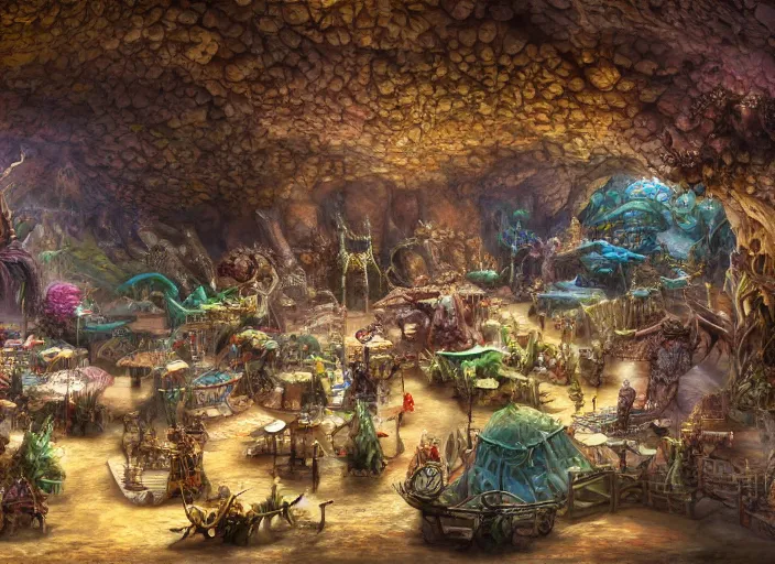 Image similar to close up view of a bustling fantasy marketplace in a large cavern by jeff darrow and moebius, earth and pastel colors, dramatic perspective, highly detailed, ultra realistic, masterpiece, 4 k, 8 k