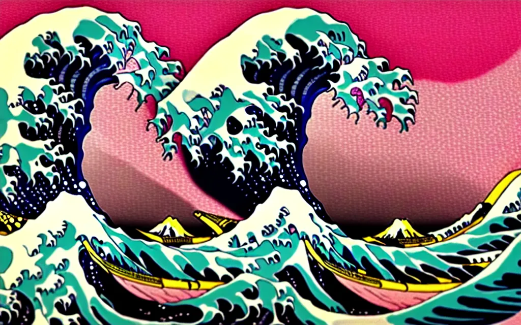 Prompt: The Great Wave off Kanagawa with pink lava and fire, rococo style , hyperreal, detailed , 4k