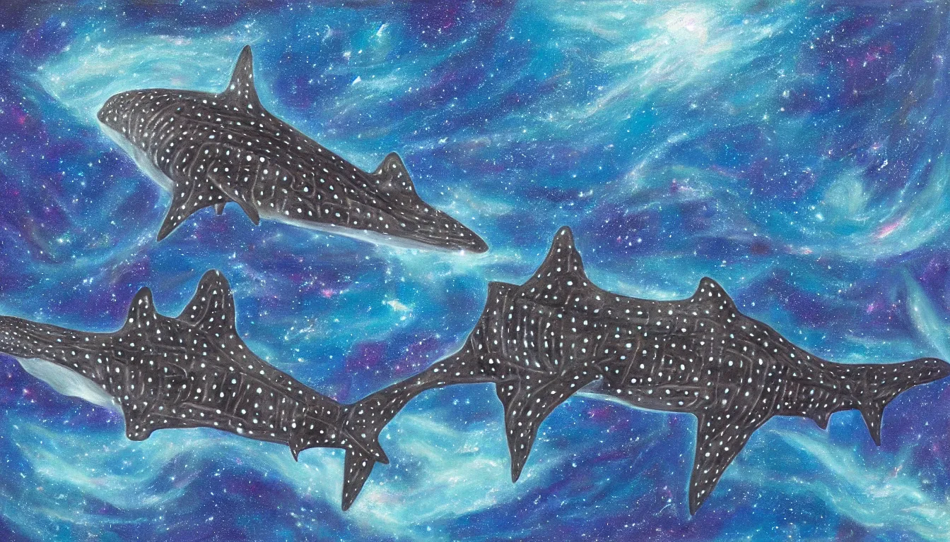 Prompt: oil painting of one whale shark flying in front of a colorful swirling galaxy, shimmering stars, milky way