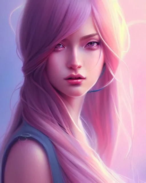 Image similar to soft pretty female long pastel color hair, wearing gorgeous clothing, digital character illustration, artstation trending female illustration, intricate, sharp focus, hyper detailed, digital painting, matte, character art by prywinko art, pyromallis rene maritte, masterpiece