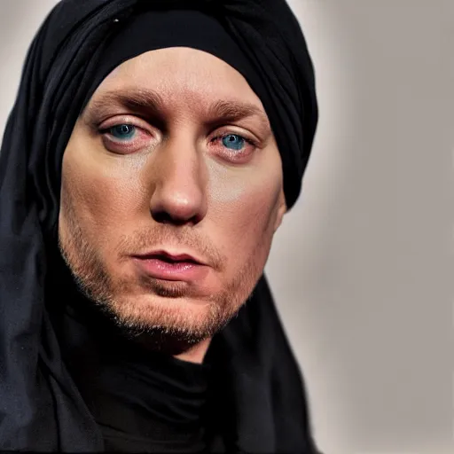 Image similar to eminem as a middle eastern man wearing a turban, yoji shinkawa