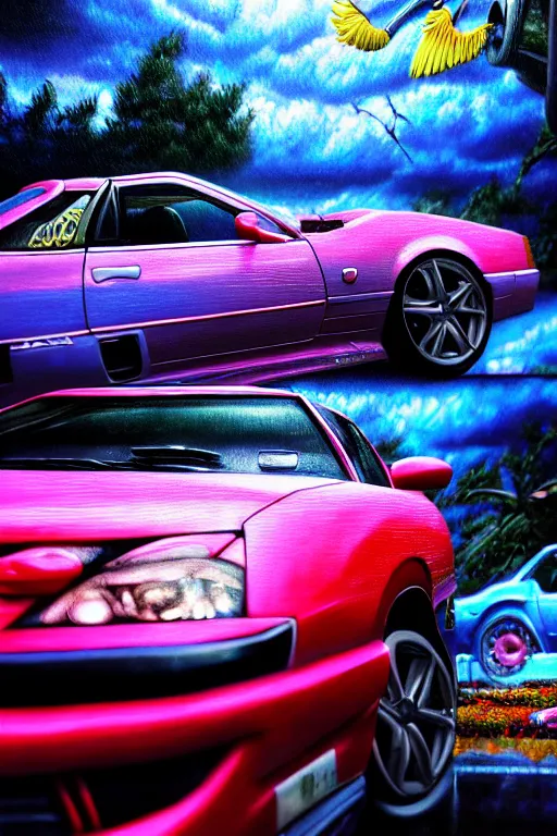 Image similar to realistic detailed image of a jdm car. depth perception, depth of field, action horror by lisa frank, bernard dumaine, ayami, realistic, detailed, highly detailed, hyper detailed, high definition, extremely detailed oil painting, beautiful composition, trending on artstation, award - winning photograph, masterpiece, intricate, portrait, 8 k highly professionally detailed, hdr, cgsociety